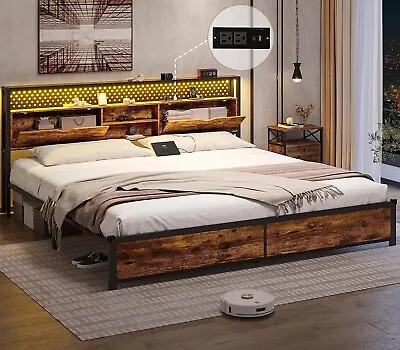 King Size Bed Frame With Storage & LED Light Headboard Metal Platform Bed Frame • $205.97