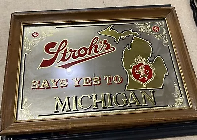 Vintage STROHS Beer Bar Sign Mirror SAYS YES TO MICHIGAN Wood Frame 15in X 21in • $67.99