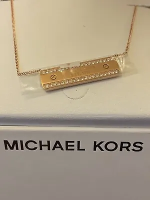 NIB Michael Kors Womens MK Logo Plaque Rose Gold Necklace Crystals MKJ5961791 • $74.99