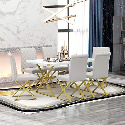 7 Pcs Dining Table Set Modern Marble Texture Kitchen Table 6 PU Chairs Pipe Legs • $785