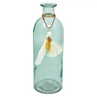 Green Decorative Bottle Coloured Glass With Tassel Festival Vibe Large Mini Vase • £7.95