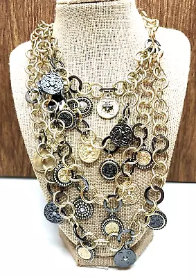 Chico's Multi Strand Gold Tone Gun Metal Statement Dual Colored Coins Necklace • $24.97