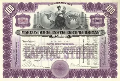 Marconi Wireless Telegraph Co. Of America (Uncanceled) - 1920's Purple 100 Share • $140