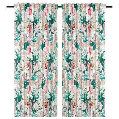 $49.99 • Buy 2 Ikea Curtain Panels 57 X98  Tropical Floral Hawaiian Hibiscus Palm Leaf