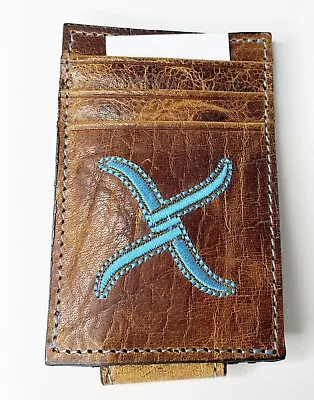 Twisted X Mens Front Pocket Money Clip Wallet Brown Leather Turquoise Magnetic • $23