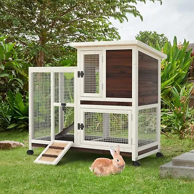 40  Wooden Rabbit Hutch 2 Tier Bunny Cage Small Animal Pet House W/Wheel Outdoor • $144.99