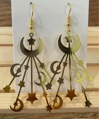 HANDMADE Gold Plated Moon & Stars Laser Cut Drop Hook Earrings • $11.95