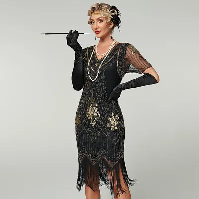 Great Gatsby Costume 1920's Cocktail Party Sequin Fringe Flapper Dress Size 6-24 • £26.80