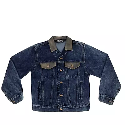 1990s Vintage Denim Jacket Mens Size S Faux Leather Accent Distressed Acid Wash • $34.99