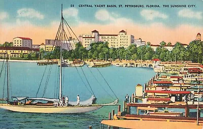 St. Petersburg Florida Postcard Yacht Basin Sail Boat Docks About 1940s    K2 • $4.99