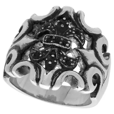Stainless Steel Gothic Fleur De Lis Armor Biker Ring W/ Black CZ Stones • $14.99