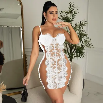 Sexy Women's Mesh See-through Lace Patchwork Suspender Mini Dress With Chest Pad • $17.99