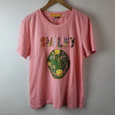 Farm Rio Smiley Size M Pink Patchwork Face 100% Cotton T-shirt Casual Relaxed • £80