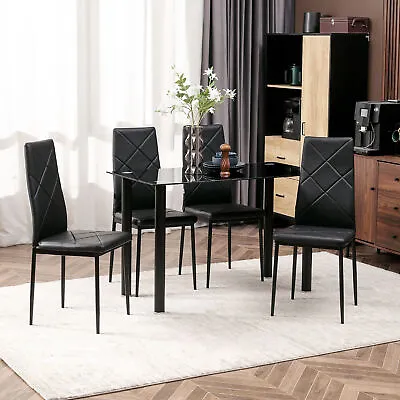 Dining Table And Chairs Set 4 With Padded Seat And Tempered Glass Tabletop Black • £159.99
