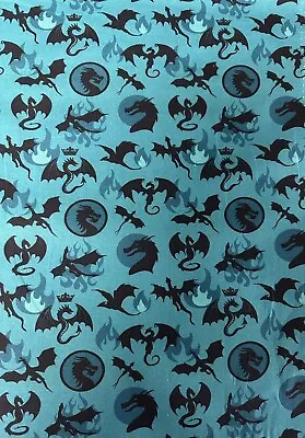 Blue Green Dragons Fantasy Printed 100% Cotton Fabric. Per Metre • £5.99