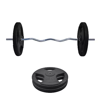 55kg Rubber Coated Ez Grip Cast Iron Weight Plate +120cm Curl Barbell Weight Set • $223.71