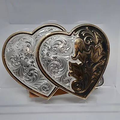 Montana Silversmiths Belt Buckle Medium Floral Double Heart  1999 No Box • $42.25