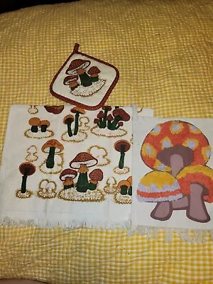 Vintage 1970s MCM Mushroom Dishtowel And Hotpad Plus Mushroom Fabric Art... • $10