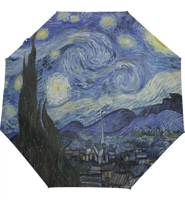 Starry Night  Van Gogh Print Compact Travel Umbrella Black Blue Rain Caper • $29.99