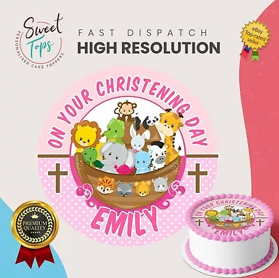 £11.99 • Buy Girl Christening Noah's Ark Edible Birthday Cake Topper Decoration Personalised