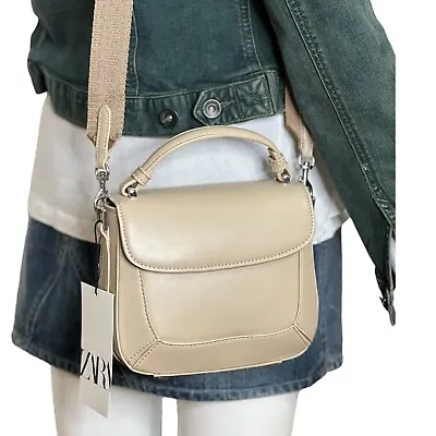 $38 • Buy Zara Womens Crossbody Bag Beige Mini Flap Handle Removable Shoulder Strap Tan