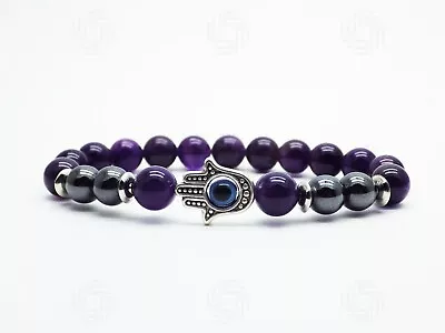 Amethyst Hematite Hamsa Bracelet Hands Of Fatima Gemstone Protection Evil Eye UK • £8.99