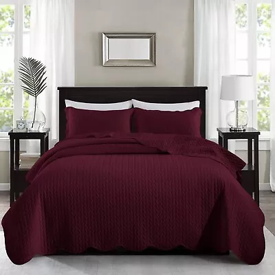 3 Piece Burgundy Quilted Bedspread Set Twin Queen King Size Coverlet Bed Throw • $23.99