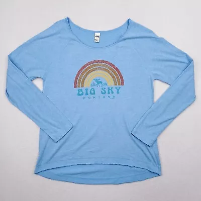 Big Sky Montana Blue Rainbow Moose Long Sleeve Shirt  Womens Sz L HiLo Boat Neck • $17.99