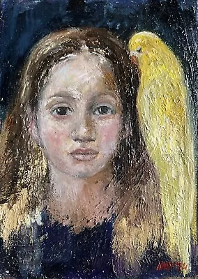 Portrait Girl And Budgie Women Bird. Original Oil Painting Miniature • £35