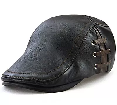 Men's Leather Newsboy Cap Ivy Gatsby Flat Golf Driving Hunting 56-59cm Black-1 • $40.49