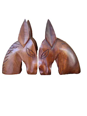 Vintage Hand Carved Wooden Horse Head Book Ends 6 1/2  Tall Puerto Rico 1954 • £19.21