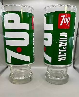 Vintage~7UP~Pedestal Drinking Glasses~12 OZ~The Uncola Wet & Wild 70’s~Set Of 2~ • $24.95