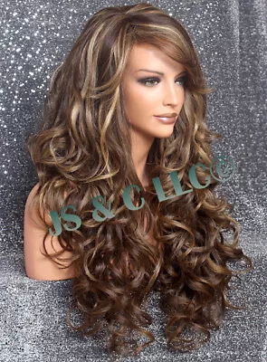 Human Hair Blend Wig Heat OK Curly Long Brown Mix Bangs Layered 8-27-613 WBBT • $94.46