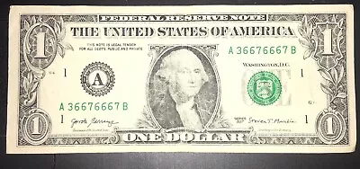 Trinary Five Of A Kind 6s Fancy Serial Number One Dollar Bill  6s 7s 3 • $9