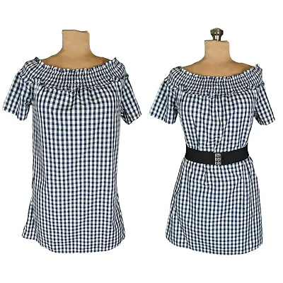 Boat Neck Size M Smocked Navy & White Gingham Short Shift Dress Cottage Farm • $10.99