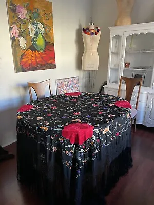 Antique Canton Silk Piano Shawl Floral Embroidered 1920s Large Scarf Wrap Fringe • $650