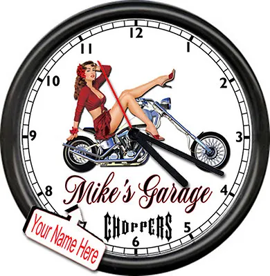 Personalized Custom Chopper Motorcycle Garage Repair  Pinup Girl Sign Wall Clock • $26.95