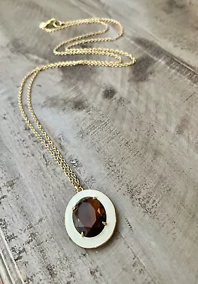 J Crew Signed Long Gold Chain Amber Crystal Ivory Enamel Oval Pendant Necklace • $18.69