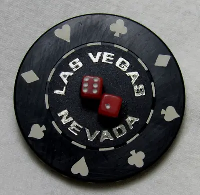 Las Vegas Nevada Casino Poker Chip W/ 2 Miniature Dice Souvenir Fridge Magnet • $7.99