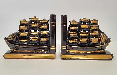 MCM Pair Of Black Ceramic Clipper Ship Book Ends Hand Painted Gold Accents Japan • £17.35