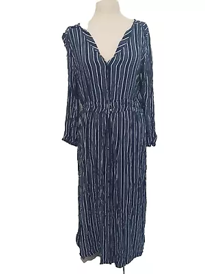 ROXY Size 14 Long Sleeve Striped Button Front Blue Maxi Dress • $38