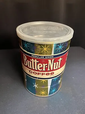 Vintage 1 Lb. Butternut Coffee Tin Can 1970's Holiday Starburst Blue/Gold W/ Lid • $39.99