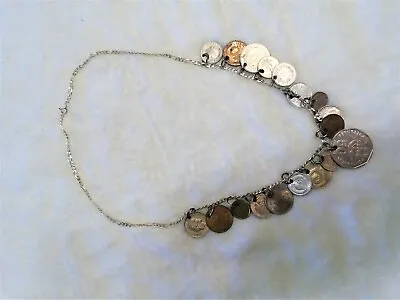 Coin Necklace 18 Foreign Coins 925 Italy FMC 23” L Vtg Sterling Silver • $47.77