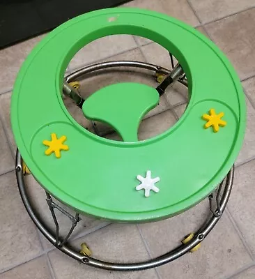 Vintage 80s Infant Baby Walker Round Green Yellow Chrome  • $130