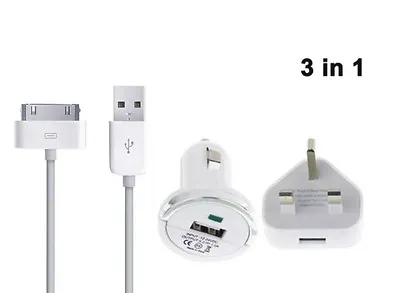 3 In 1 Charge And Sync Cable UK Mains Plug Car Charger For IPhone 4 4S IPad 1 2 • £5.99