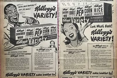 2 1946 Newspaper Ad  For Kellogg's Cereal Variety Pack - Look What's Back! • $5.95