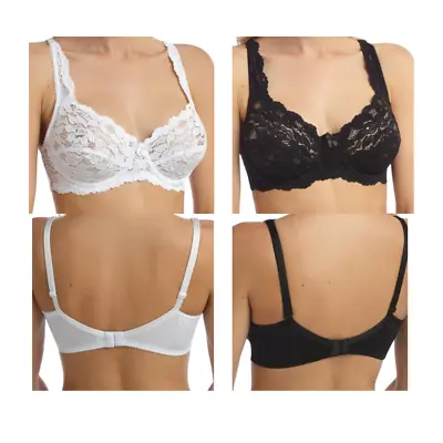 Women's Full Cup Underwired Lace Bra Full Support Comfort White/Black UK Sizes • £8.99