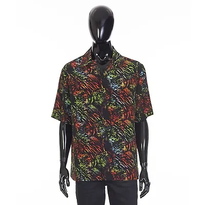 CELINE 1450$ Black Hawaiian Shirt - Neon Tiger Print Crepe De Chine Silk Loose • $960