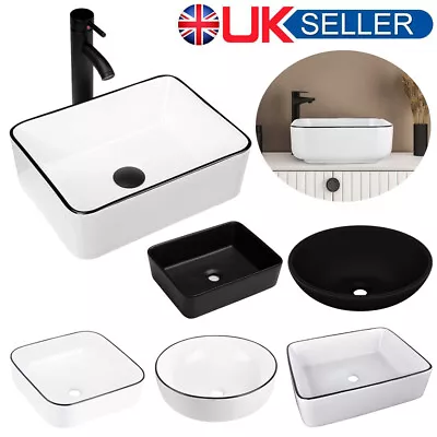 Bathroom Cloakroom Basin Ceramic Wash Sink Counter Top White Black Square Bowl • £30.90