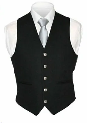 £18.85 • Buy 100% Wool 5 Button Black Waistcoat Scottish Prince Charlie, Argyle Kilt/wedding.
